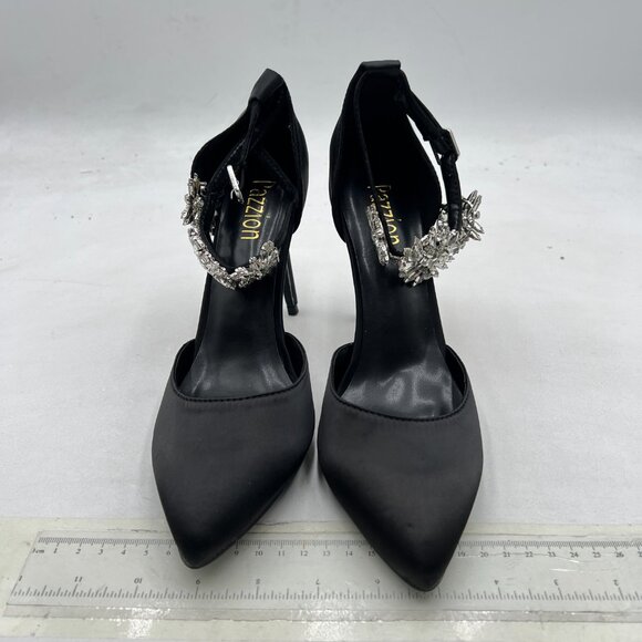 Pazzion Black Lizzie Satin Pointed Toe Rhinestone Ankle Strap D'Orsay Pump - Picture 3 of 8